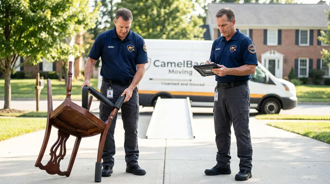 Movers inspecting furniture for damage prevention before loading in San Tan Valley, AZ