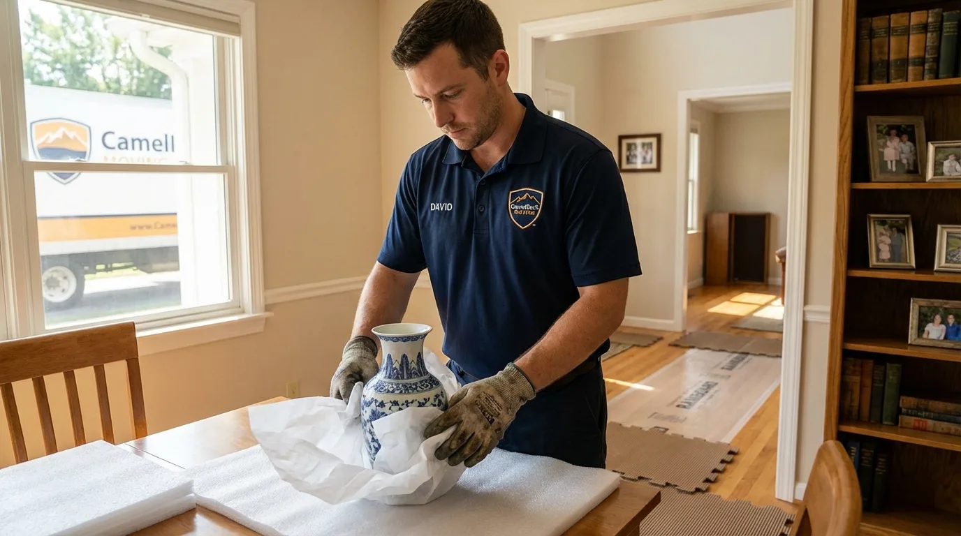 Professional crew carefully wrapping antique vase for senior downsizing move in San Tan Valley, AZ